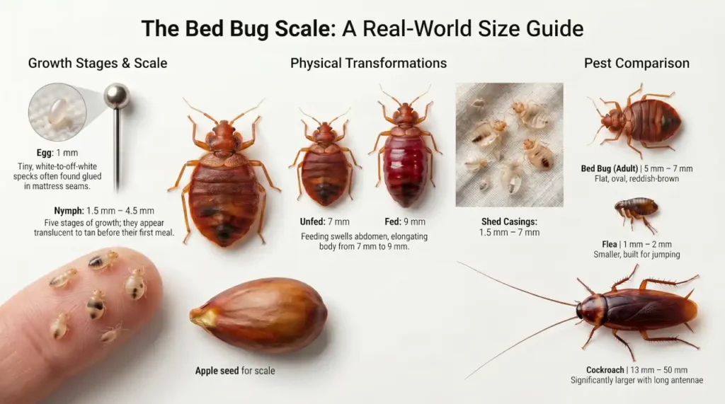 Bed bug size comparison guide showing bed bug eggs, nymphs, unfed and fed adults, shed casings, apple seed scale, and comparisons with fleas and cockroaches.