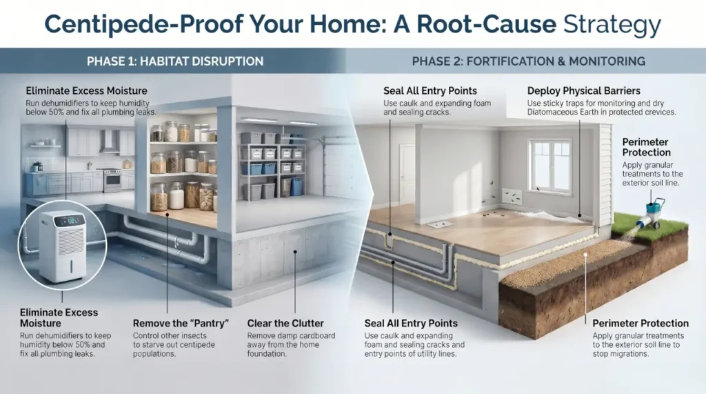 Infographic showing a root-cause centipede control strategy using moisture reduction, food-source elimination, crack sealing, sticky traps, diatomaceous earth, and exterior perimeter protection.