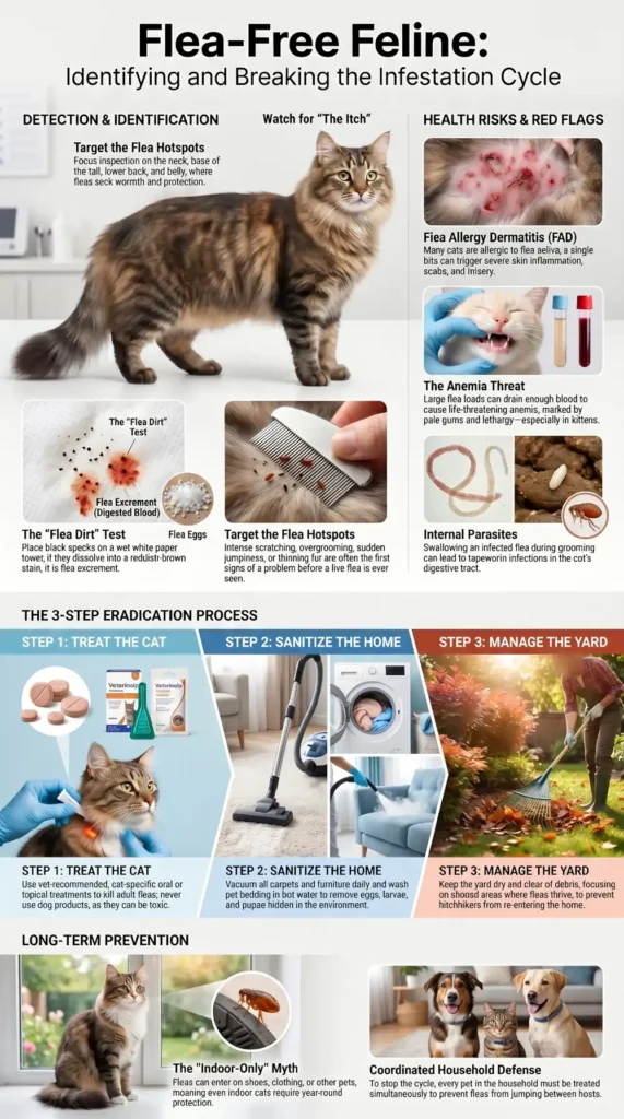 Infographic showing how to identify flea bites on cats, perform a flea dirt test, recognize health risks, treat flea infestations, and prevent future flea problems.