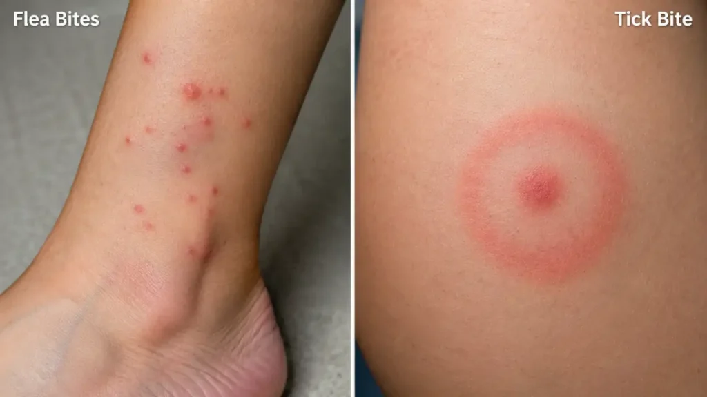 Comparison showing clustered flea bites on an ankle and a tick bite with a bull's-eye rash pattern.