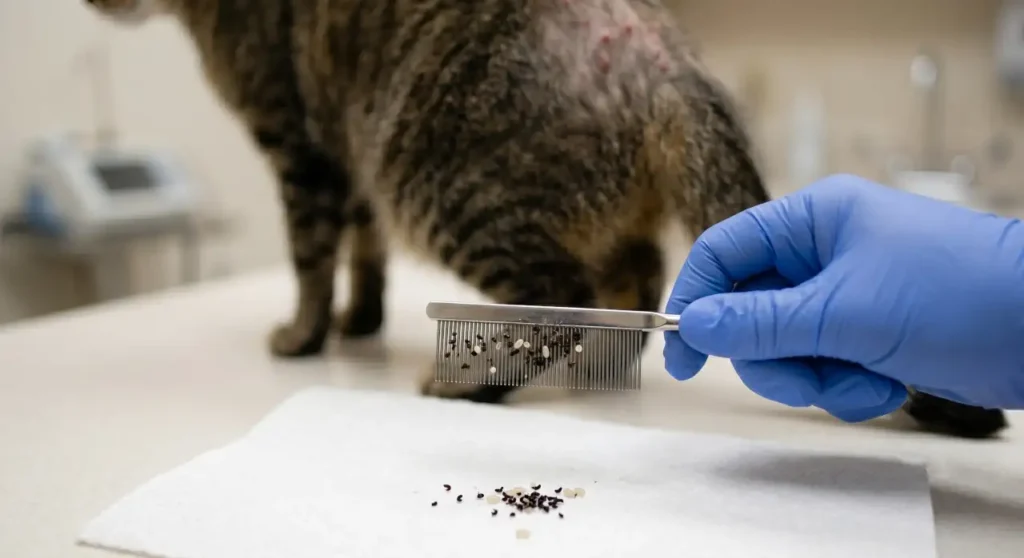 Veterinarian using a flea comb on a cat while examining flea dirt and flea eggs collected from the coat.