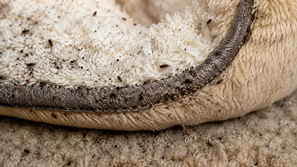 Adult fleas and flea dirt visible around pet bedding and carpet fibers during an active flea infestation.