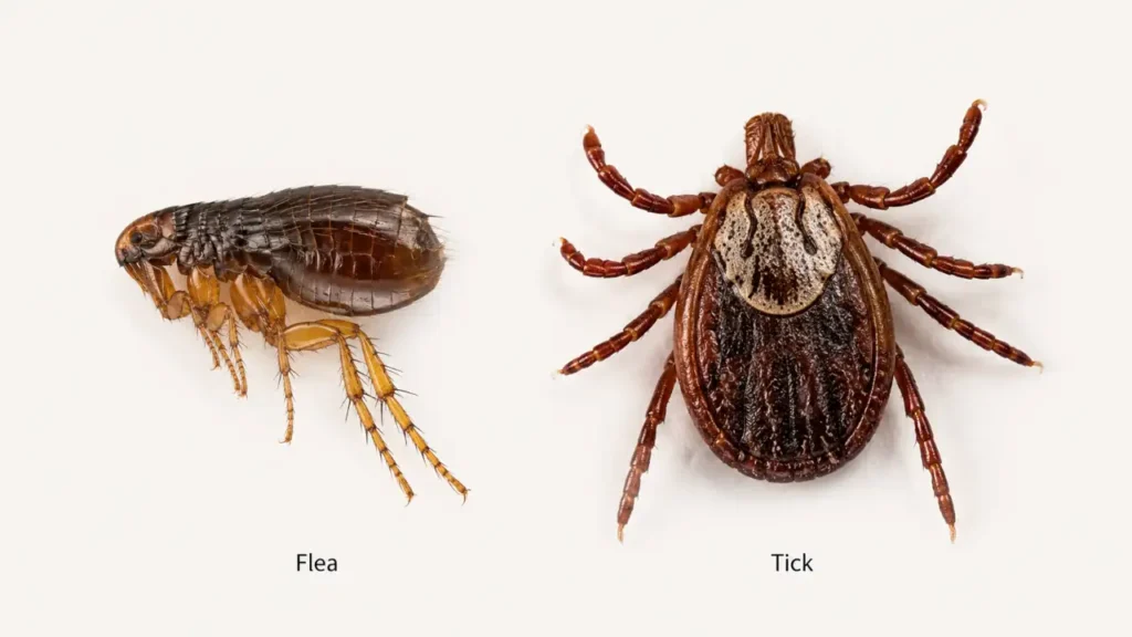 Side-by-side comparison of a flea and a tick showing key identification differences including body shape and leg count.