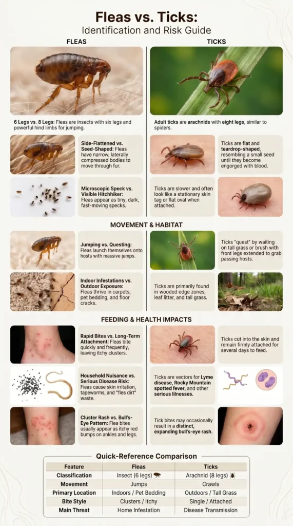 Infographic comparing fleas and ticks, including appearance, movement, habitat, bite patterns, and disease risks.