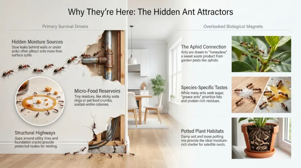 Infographic showing hidden ant attractors in and around a home, including moisture leaks, food residue, foundation cracks, aphids, flowering plants, and houseplants.