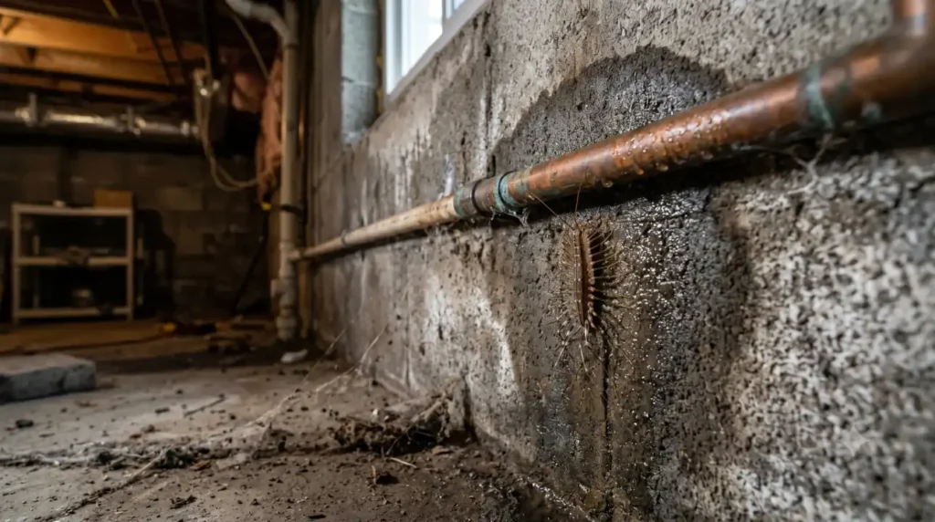 House centipede hiding near a damp basement wall and plumbing leak.
