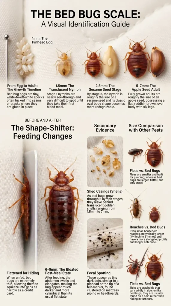 Bed bug size chart showing eggs, nymphs, adult bed bugs, shed casings, fecal spotting, and size comparisons with fleas, ticks, and cockroaches.