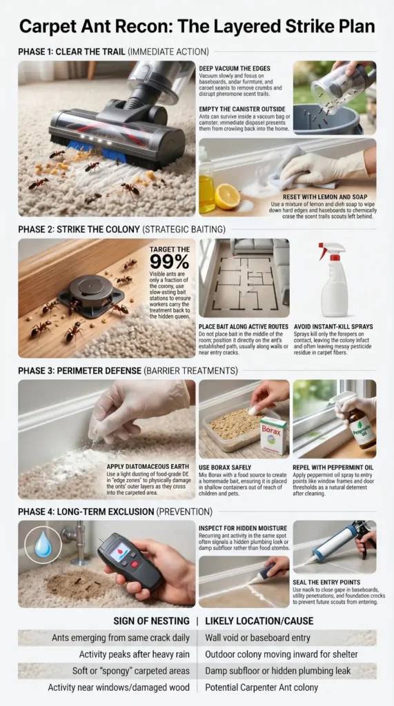 Step-by-step infographic showing how to get rid of ants in carpet using vacuuming, bait stations, diatomaceous earth, borax, moisture inspection, and entry-point sealing.