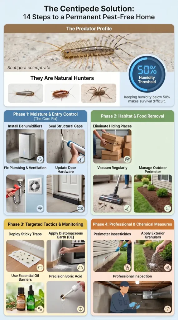 Infographic showing how to get rid of centipedes in your house using moisture control, entry-point sealing, habitat reduction, sticky traps, diatomaceous earth, and perimeter treatments.