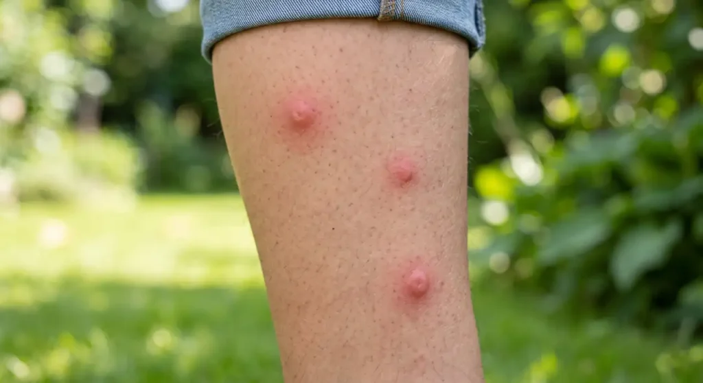 Randomly scattered mosquito bites on an adult's lower leg.