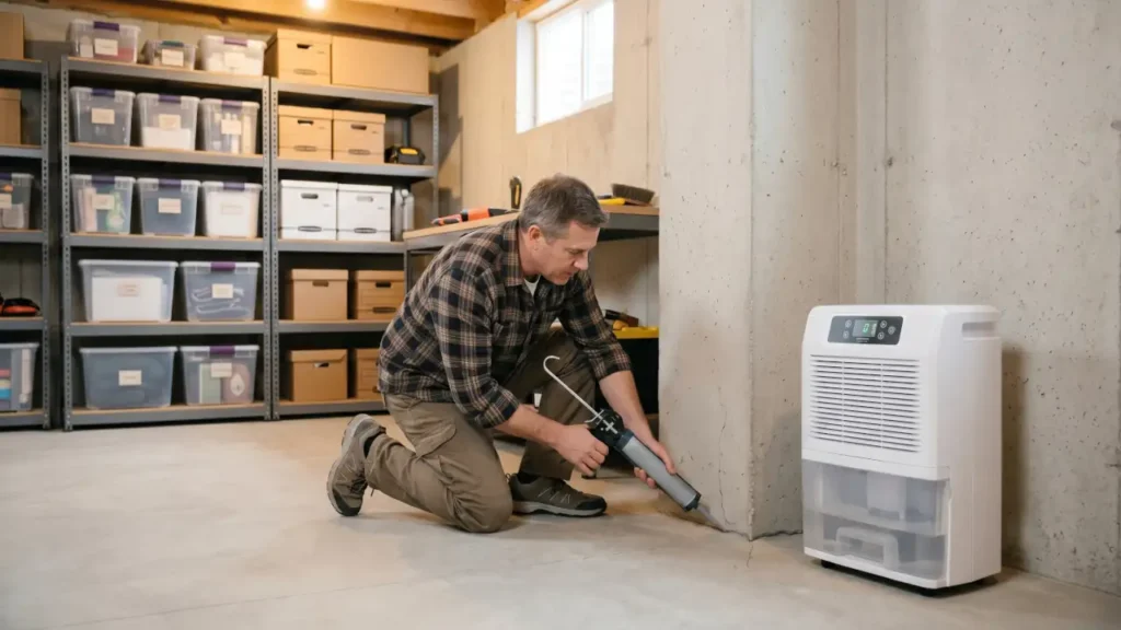 Homeowner reducing moisture and sealing cracks to prevent house centipedes.