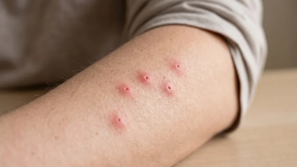 Real bed bug bites appearing in a line on a person's forearm.