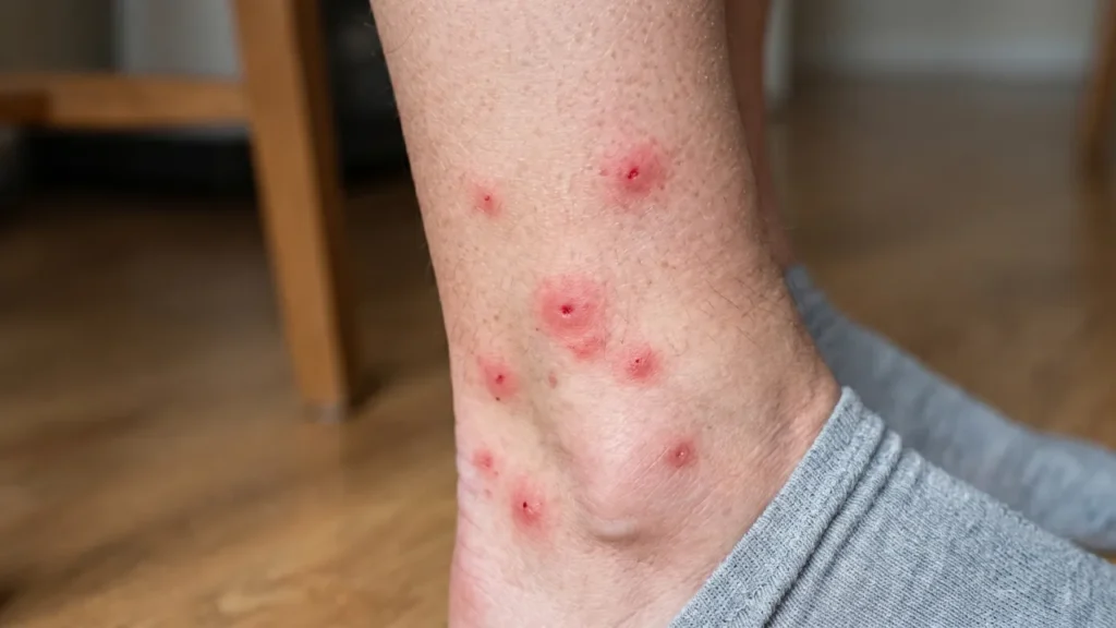 Real flea bites clustered around a person's ankle and lower leg.