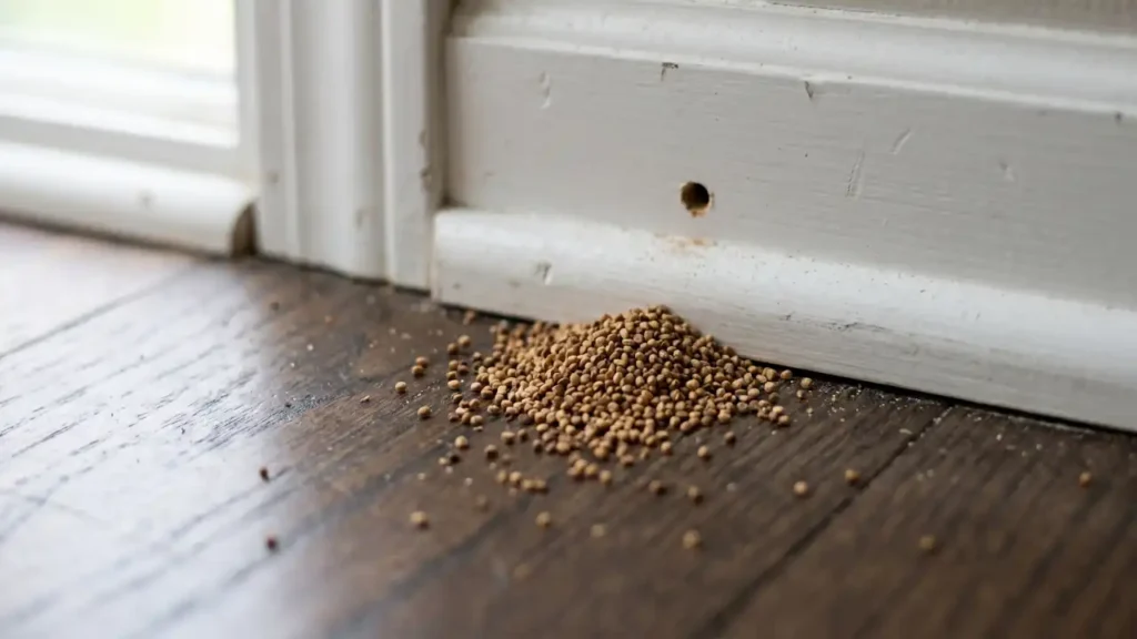 Pile of drywood termite frass pellets beneath a small hole in wooden trim