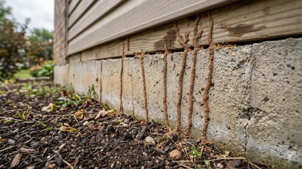 Active termite mud tubes running up a concrete foundation wall near soil level