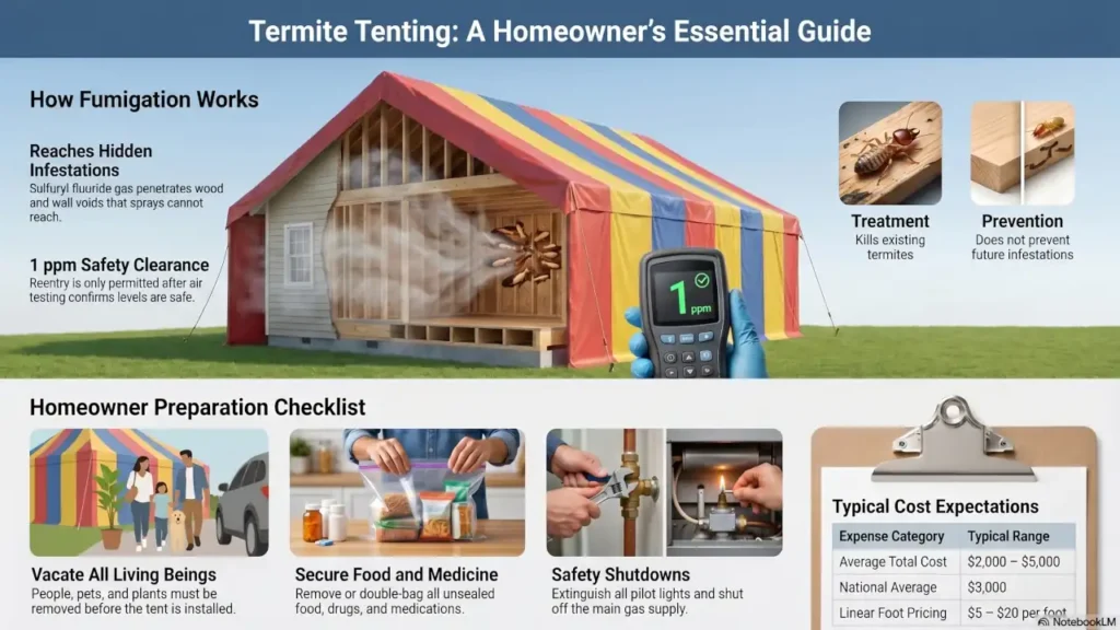 Homeowner termite tenting checklist showing food removal, safety shutdowns, evacuation requirements, fumigation safety, and typical costs.