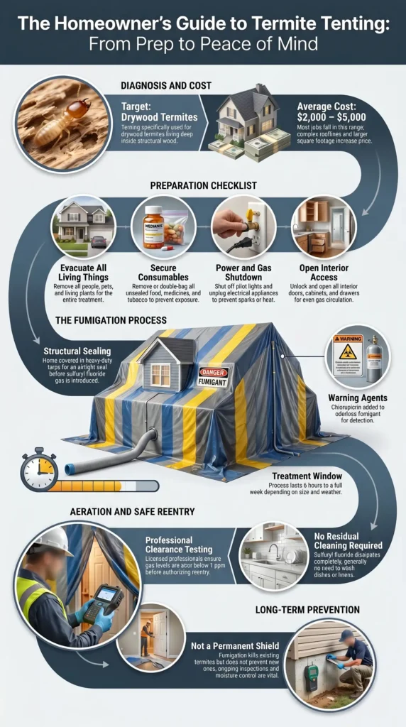 Termite tenting process showing preparation steps, fumigation, clearance testing, costs, and safe reentry for drywood termite treatment.