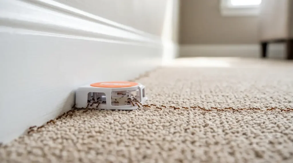 TERRO ant bait station placed along a carpet edge where ants are actively feeding.