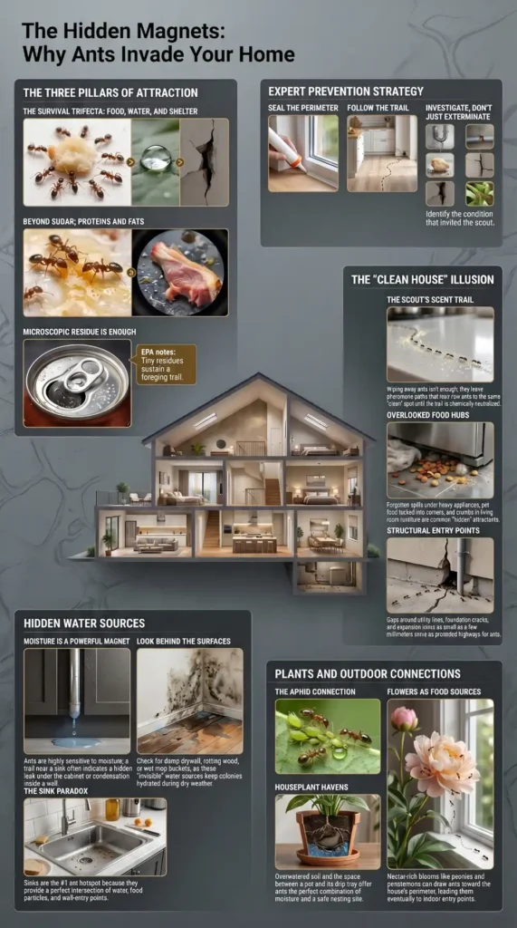 Infographic showing what attracts ants to a house, including food, water, shelter, hidden moisture, entry points, flowers, houseplants, and overlooked food sources.