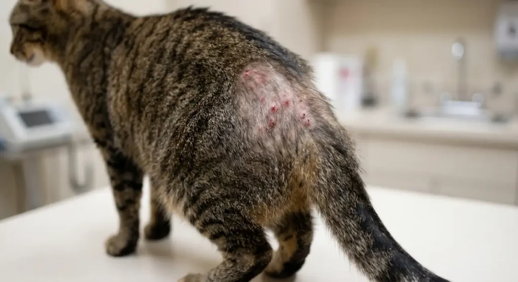 Close-up of flea bite irritation on a cat showing small red bumps, mild scabbing, and fur thinning near the lower back.