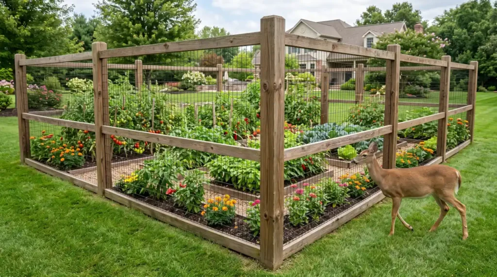 Eight-foot deer fence surrounding a backyard vegetable garden to keep deer out.