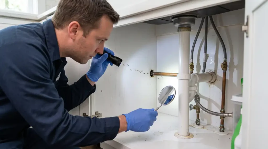 Ant exterminator inspecting plumbing penetrations and hidden entry points beneath a kitchen sink for an ant colony.
