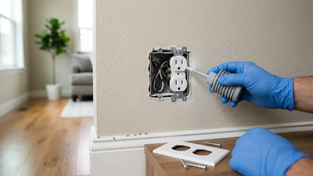 Homeowner safely applying electrical-safe ant dust around an electrical outlet after turning off the circuit breaker.