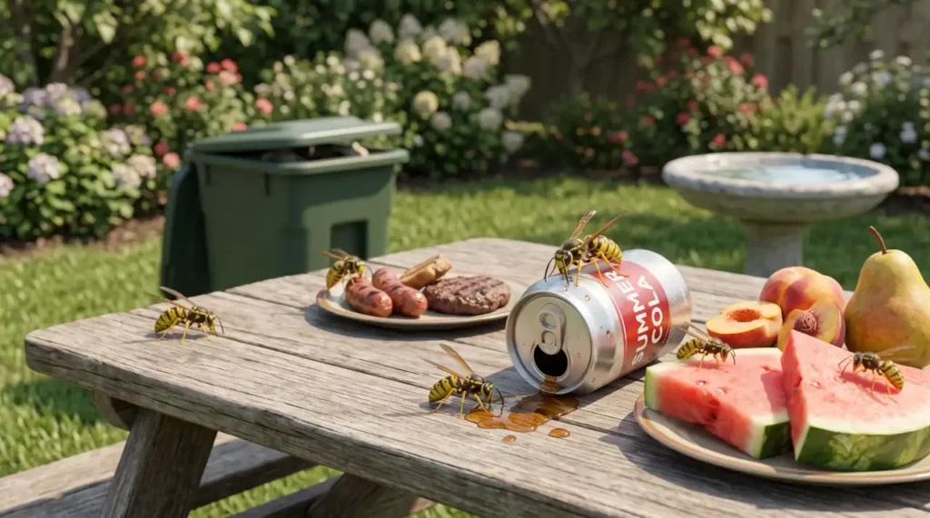 Wasps feeding near sugary drinks, grilled meat, fruit, and an outdoor trash can in a backyard.
