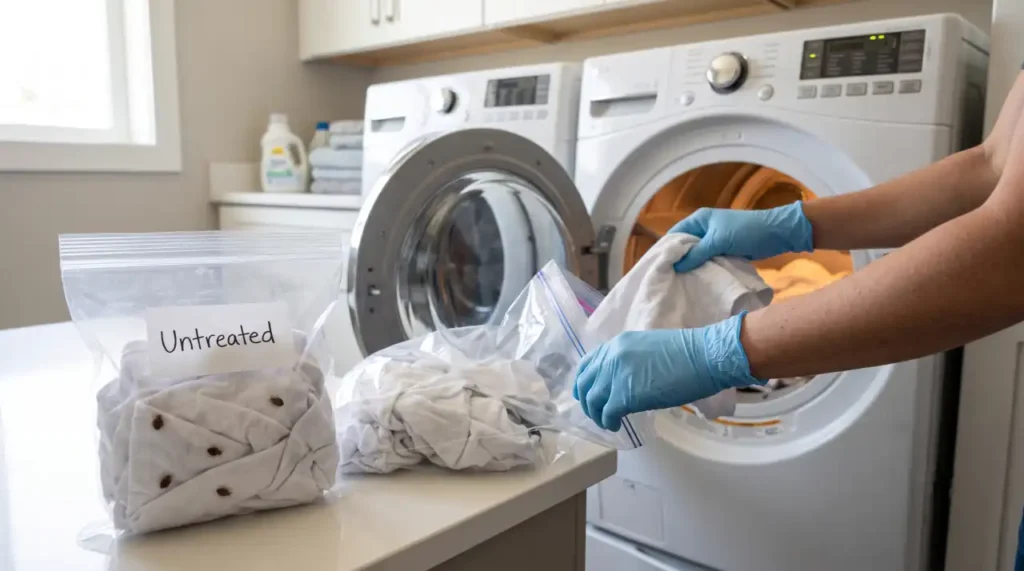 Gloved hands transferring clothing from a sealed plastic bag into a clothes dryer to kill bed bugs with high heat after containment.