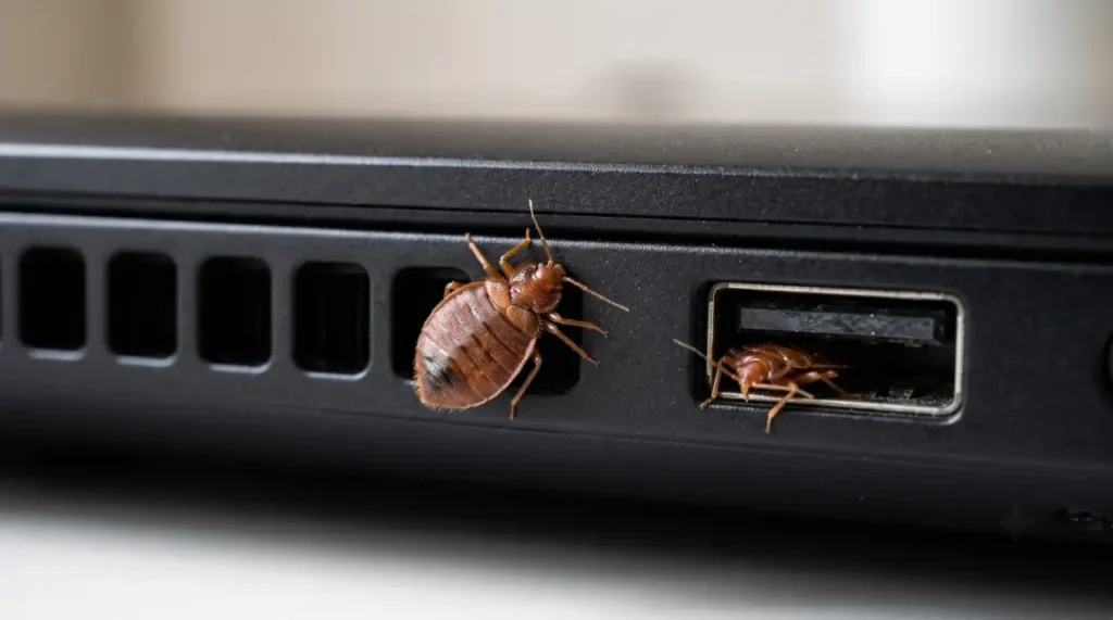 Close-up of two bed bugs crawling out of a laptop USB port during an inspection.