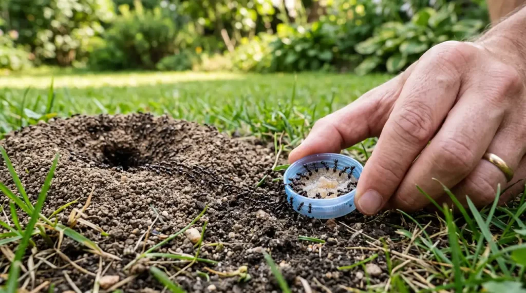 Homemade borax and sugar bait placed beside an active ant hill so worker ants carry the bait back to the colony.