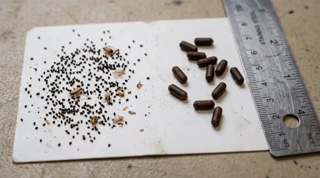 Comparison of German and American cockroach droppings showing pepper-like specks and larger ridged pellets.