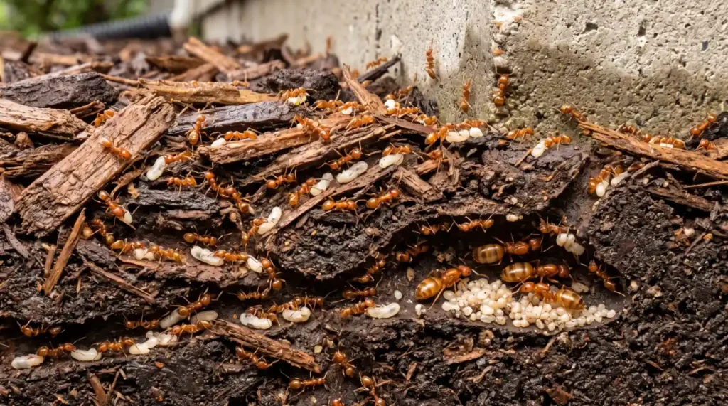 Crazy ant colony nesting beneath wood mulch beside a home's foundation with workers carrying brood through the nest.