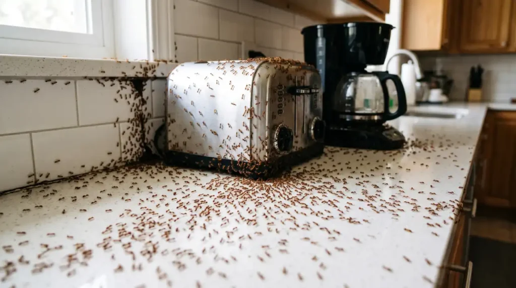 Crazy ants swarming across a kitchen countertop and around small appliances during an indoor infestation.