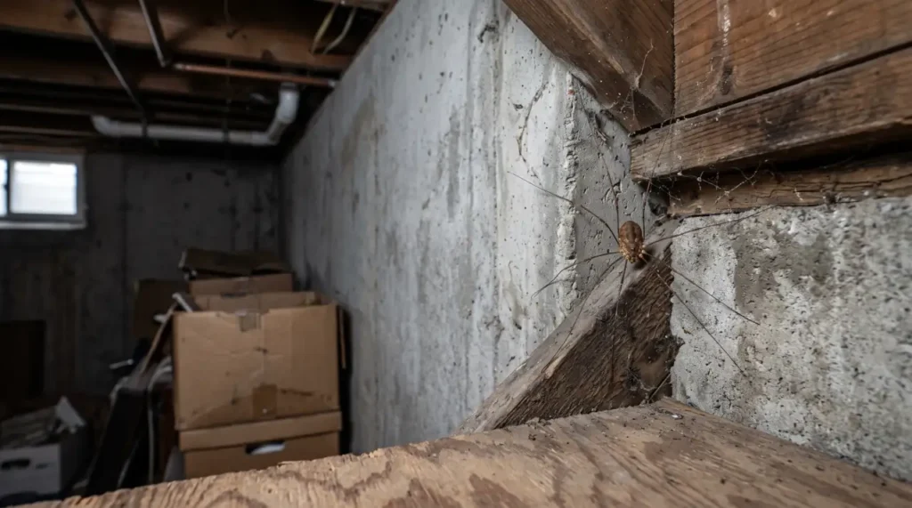 Daddy long legs (harvestman) resting in the corner of a damp basement near stored boxes and exposed foundation walls.