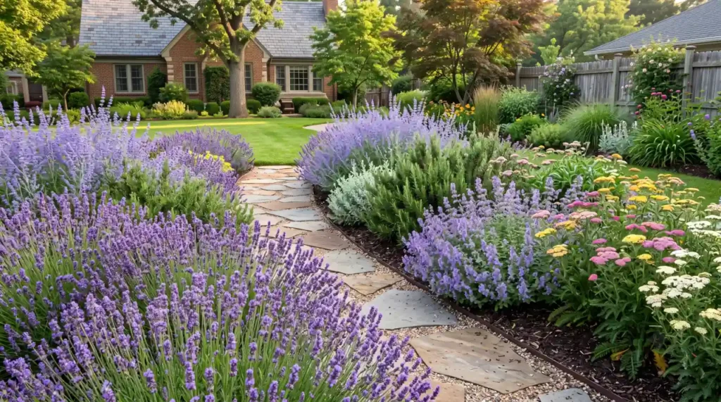 Lavender, Russian sage, rosemary, and other deer-resistant plants growing along a garden border.