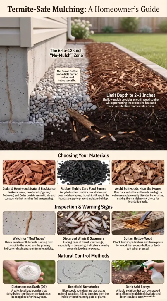 Infographic showing how to install mulch to reduce termite risk, including a 6–12 inch foundation gap, recommended mulch depth, termite-resistant mulch types, warning signs, and natural treatment options.