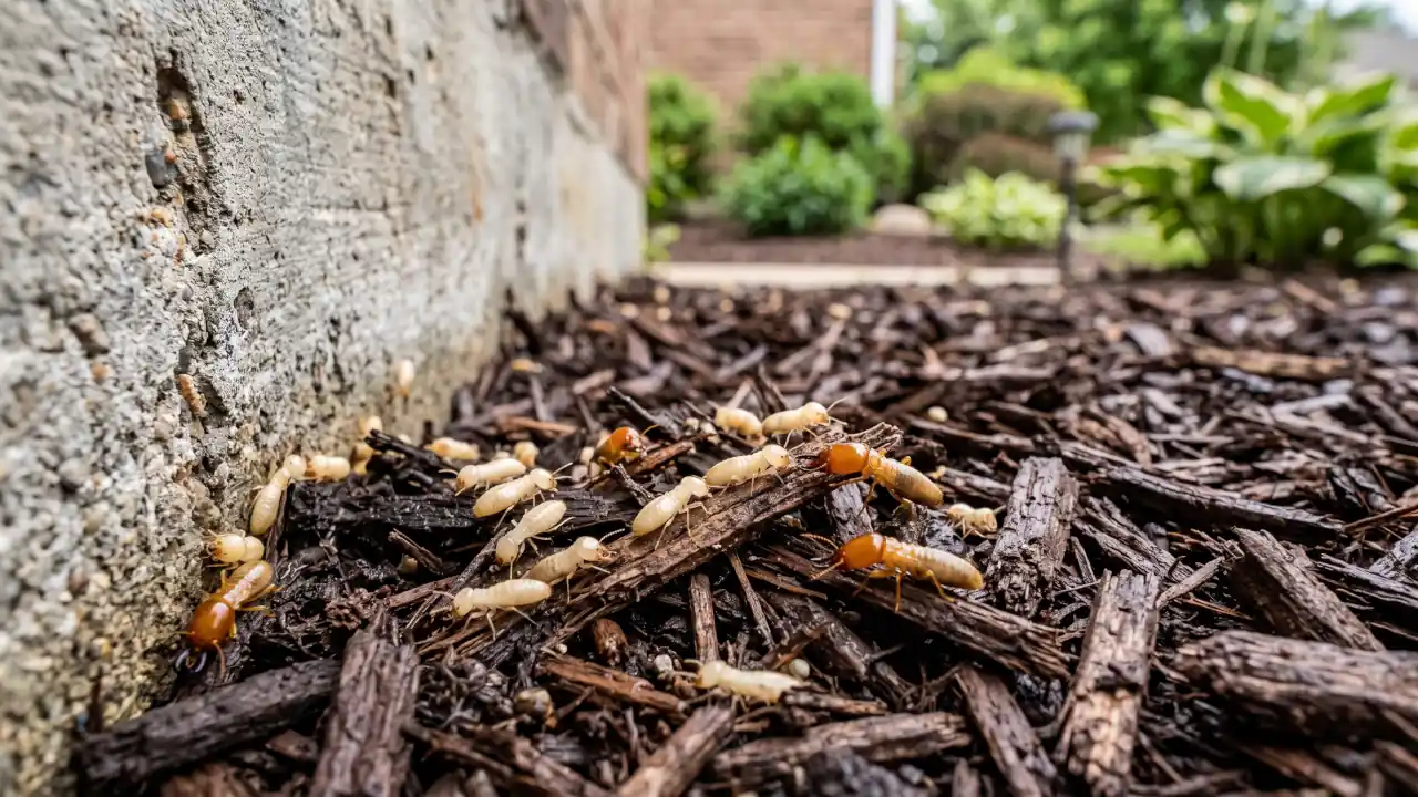 Close-up of subterranean termites crawling through moist mulch beside a home's concrete foundation.