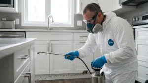 Professional ant exterminator applying treatment inside a home to eliminate an active ant infestation.