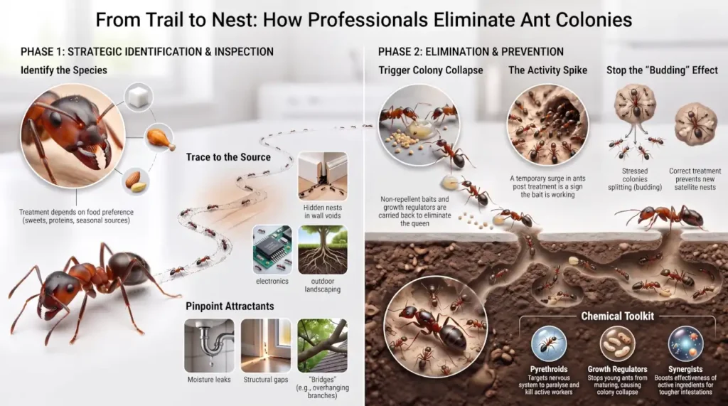 Infographic showing how an ant exterminator identifies ant species, locates hidden nests, applies bait and professional treatments, eliminates the colony, and helps prevent future ant infestations.