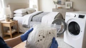 A sealed plastic bag containing infested bedding with visible bed bugs, illustrating that plastic bags contain bed bugs but do not kill them.