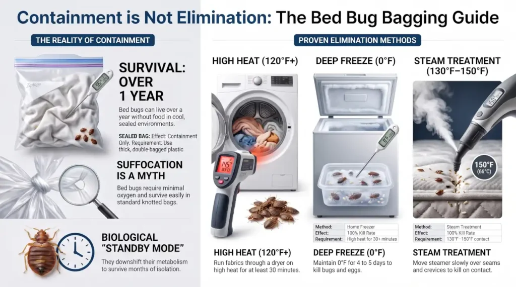 Infographic showing how long bed bugs can survive in a sealed plastic bag and the proven methods that kill them, including heat, freezing, and steam.