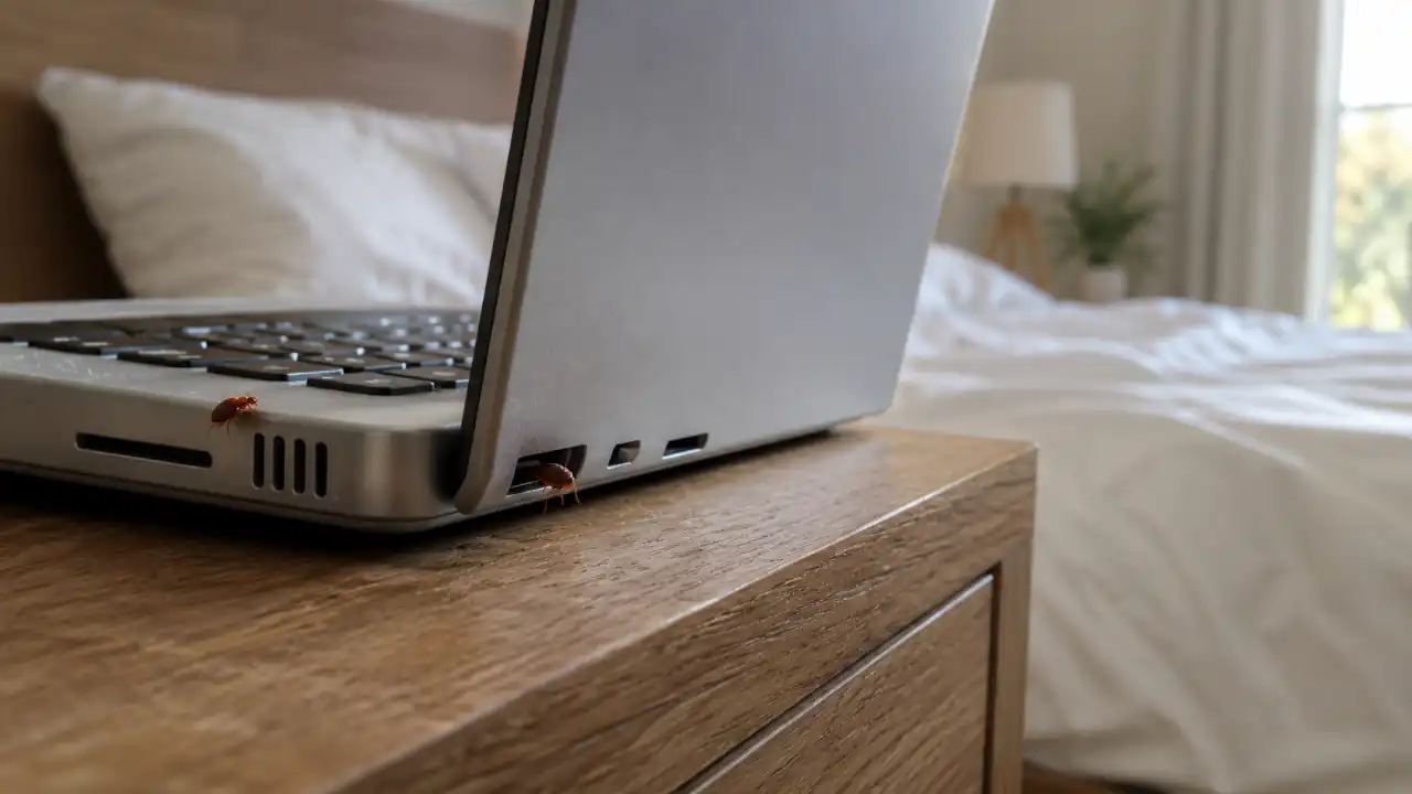 How to get bed bugs out of electronics safely by inspecting a laptop near a bed for signs of an infestation.