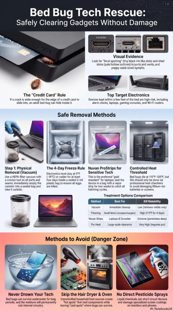 Infographic showing how to get bed bugs out of electronics using vacuuming, freezing, Nuvan ProStrips, and professional heat while avoiding water, ovens, hair dryers, and direct pesticide sprays.