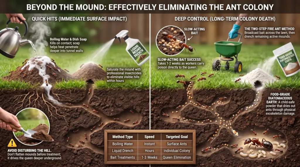 Infographic showing how to get rid of ant hills by comparing quick surface treatments like boiling water and liquid drenches with long-term colony elimination using slow-acting bait, diatomaceous earth, and the two-step fire ant method.