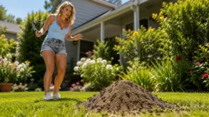 Blonde homeowner looking at a large ant hill in her lawn while deciding how to get rid of an underground ant colony.