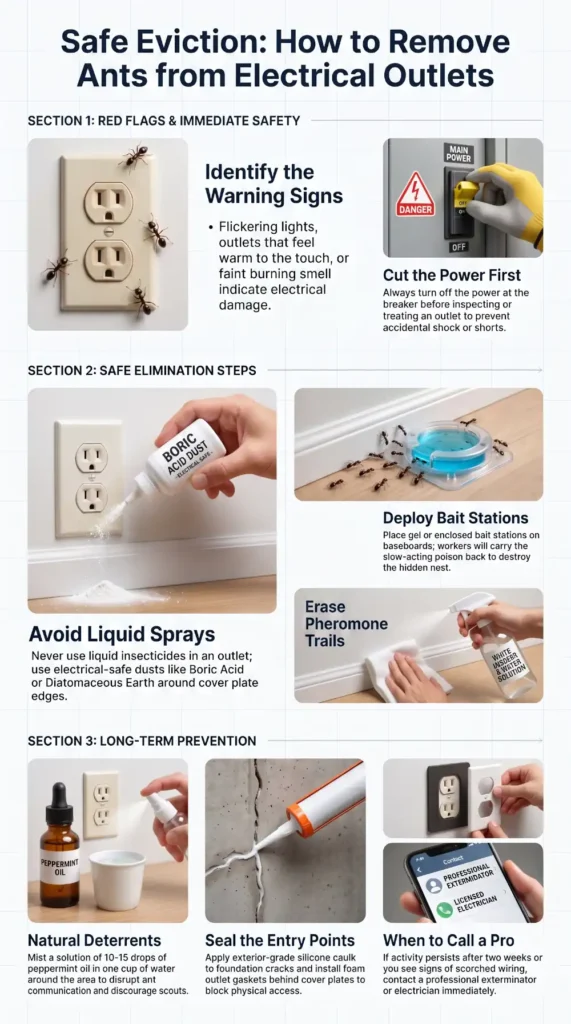 Infographic showing how to safely get rid of ants in an electrical outlet by turning off power, using electrical-safe ant dust, placing bait stations, cleaning pheromone trails, sealing entry points, and knowing when to call a professional.