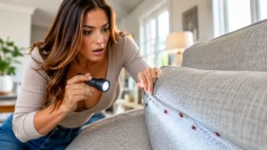 Woman inspecting a couch for bed bugs using a flashlight in a modern living room.