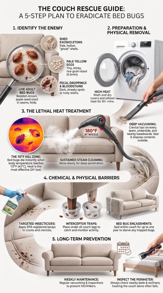 A step-by-step infographic showing how to identify, remove, and prevent bed bugs in a couch using heat, cleaning, targeted insecticides, and ongoing monitoring.