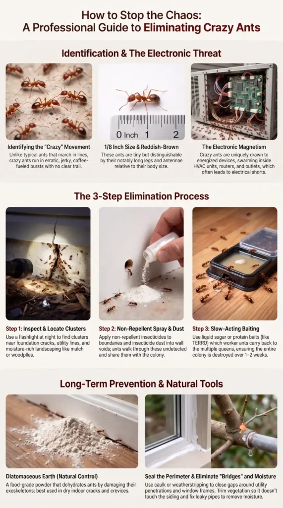 Infographic showing how to identify crazy ants, eliminate them using a three-step treatment process, and prevent future infestations.